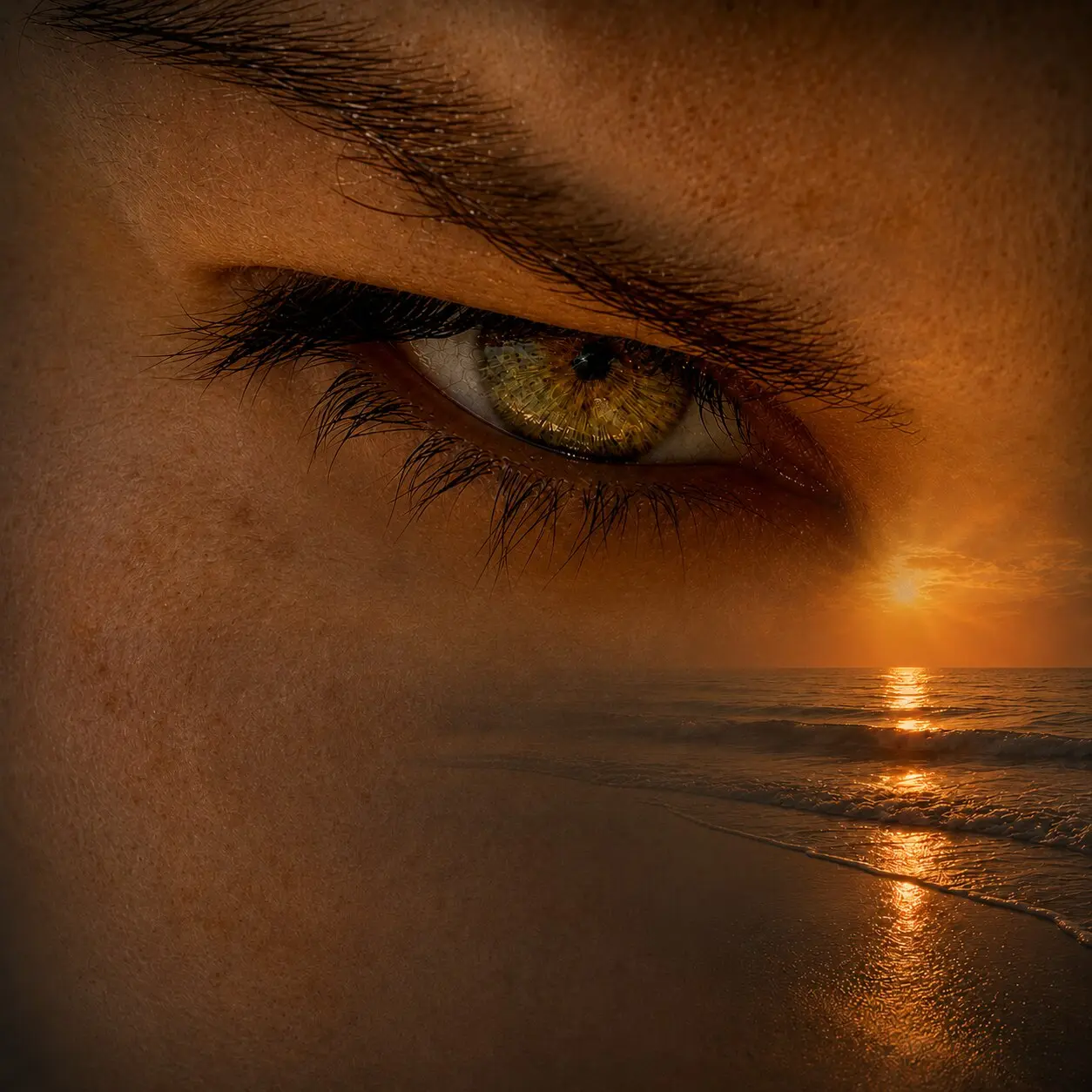 Primer plano de un ojo fundido con una orilla al atardecer