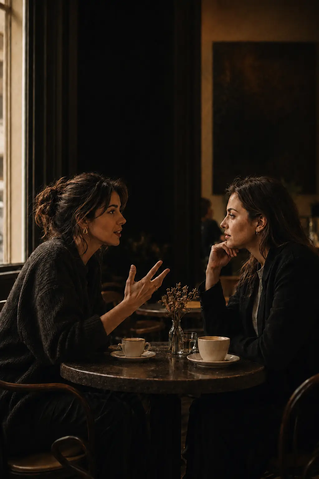 Dos mujeres conversando en una cafetería